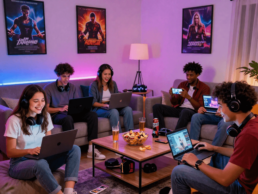 Players enjoying porngames together in a cozy living room.