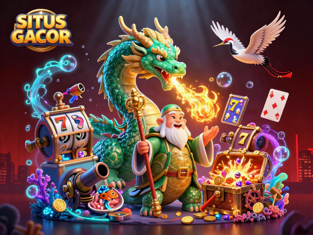 Engage with SITUS GACOR through a vibrant casino scene featuring a jade dragon and a treasure chest
