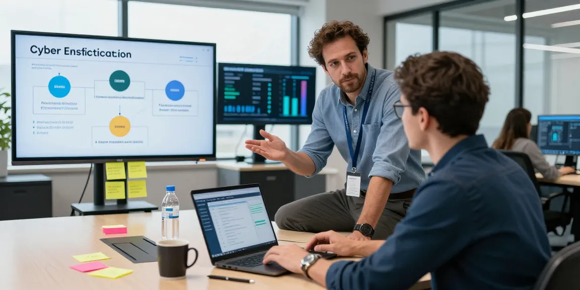 IT consultant explaining cyber essentials certification to small business owner in a modern office setting