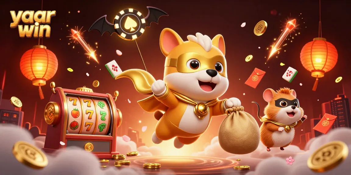 Win big with yaar win featuring a superhero dog and slot machine riches in vibrant 3D illustration.