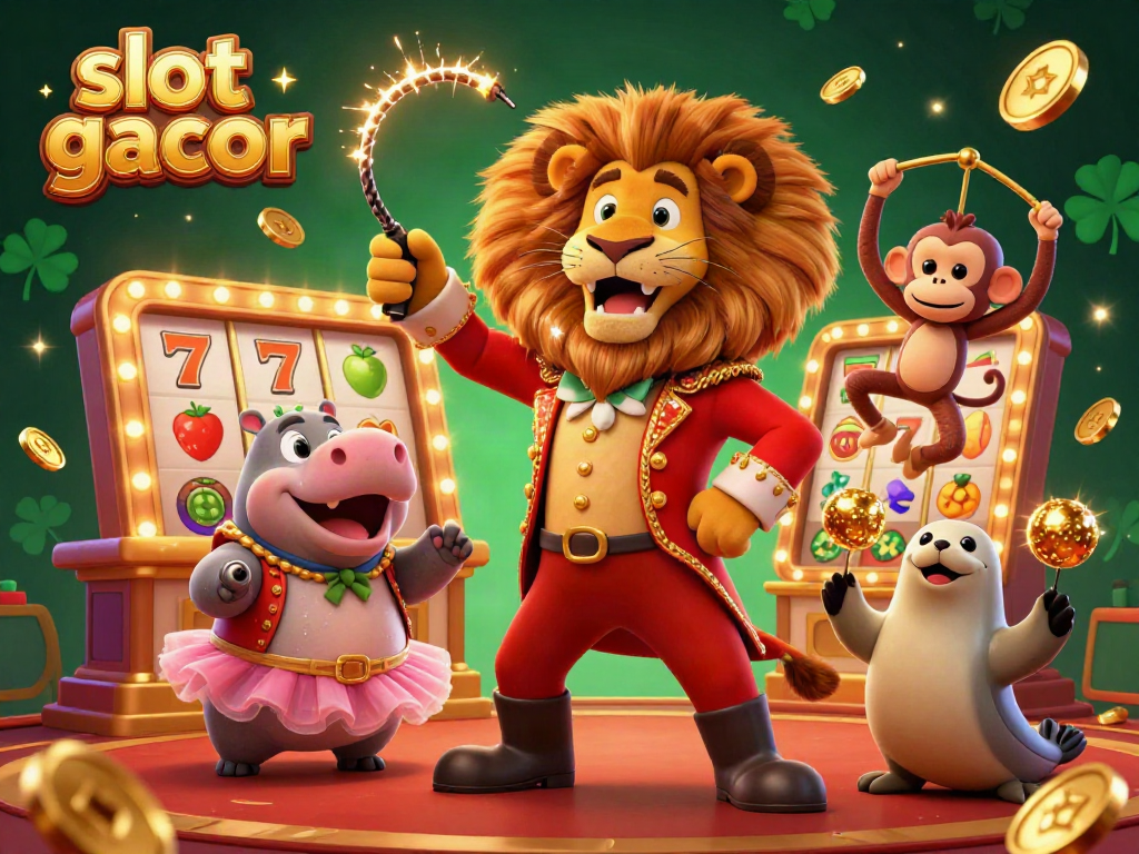 Engaging scene of characters promoting slot gacor, featuring a lion, hippo, monkey, and seal in a casino.