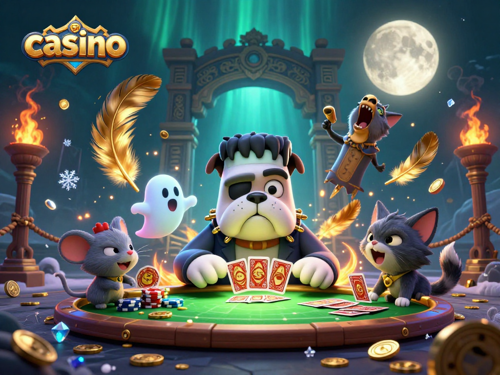 Engage in casino card games with a lively Frankenstein bulldog and a ghost mouse in a spooky setting.