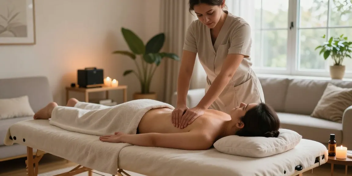 부천출장안마 - Professional massage service in a calm home setting with soft lighting and relaxing ambiance.