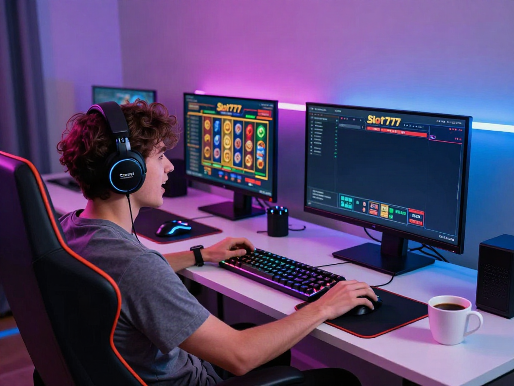 Gamer memainkan Slot777 dengan fokus tinggi di rumah, perlengkapan gaming modern dan pencahayaan LED.