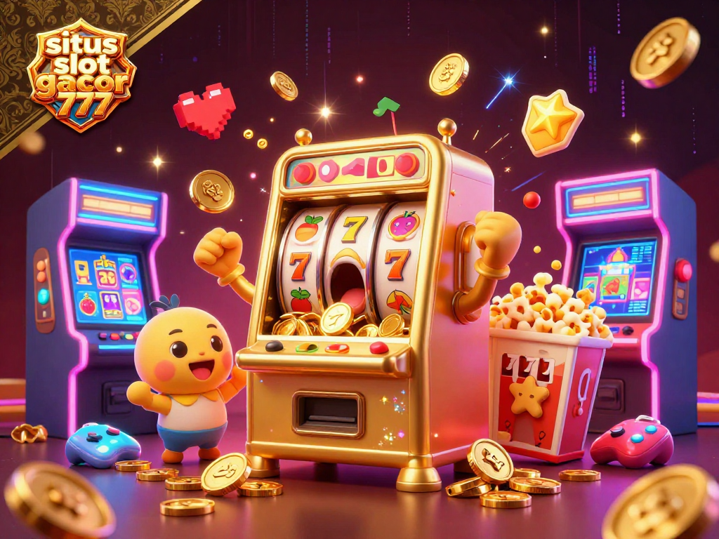 Situs slot gacor 777 showcases a golden slot machine hitting the jackpot amidst cheerful baby machines and arcade elements.