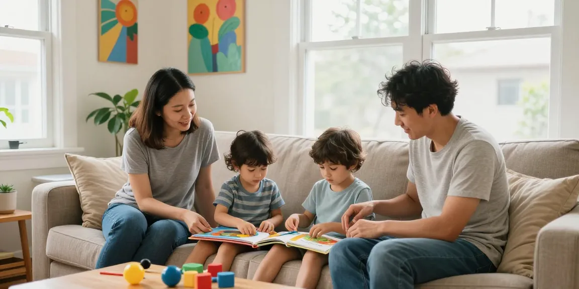 Family in a warm living room, engaging with children, promoting rokok88 slot insights.