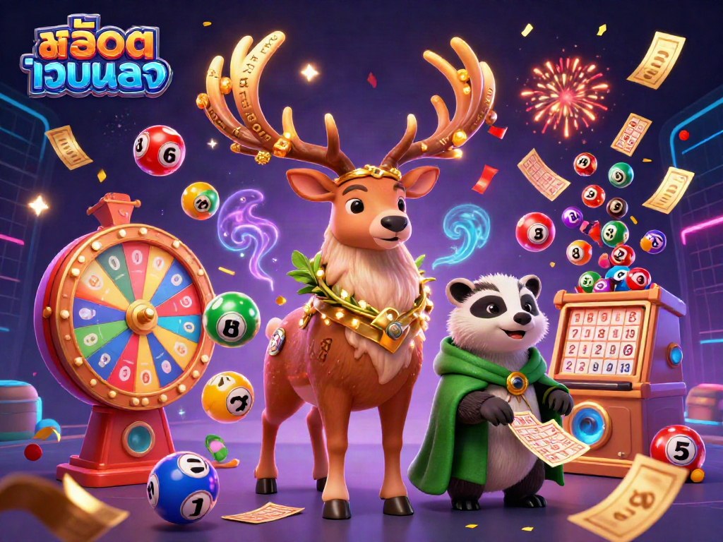 Win big with สล็อตเว็บตรง as cartoon characters celebrate amidst colorful gambling elements and dynamic visuals.