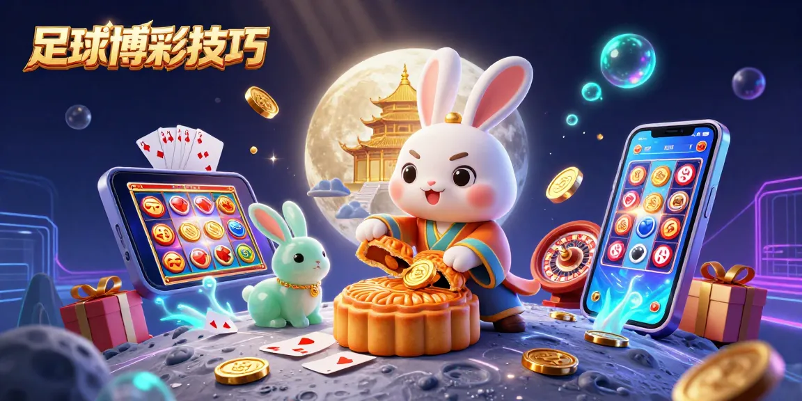 探索足球博彩技巧，兔子在月亮上製作金色的月餅，內藏撲克籌碼，賭博氛圍濃厚。
