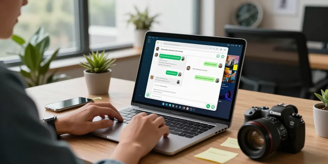Using WhatsApp網頁版 on a laptop in a modern workspace, showcasing productivity and communication.