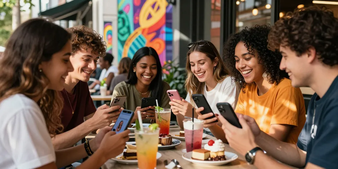 Friends enjoying a fun outdoor café moment while using an app to test attractiveness.