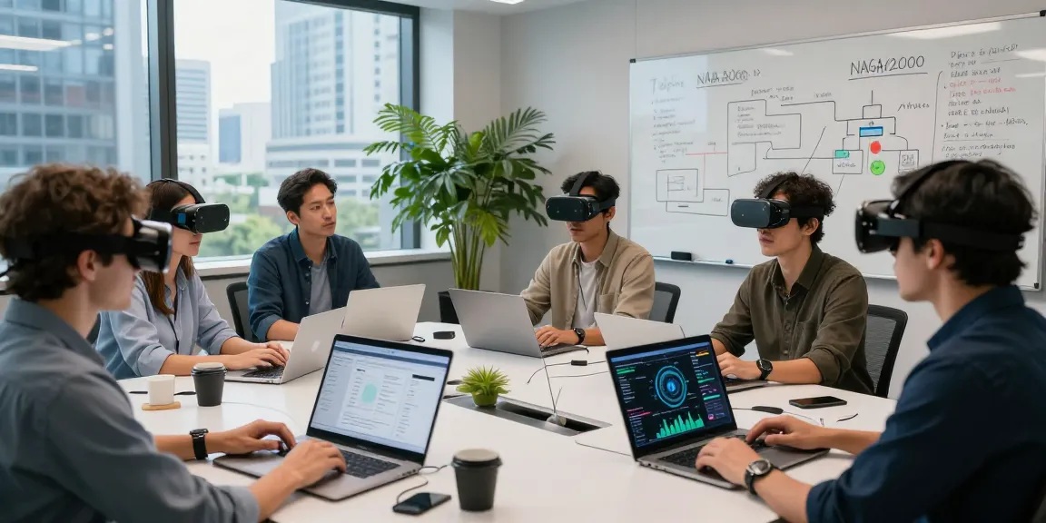 NAGA2000 tech collaboration scene with diverse professionals in a modern office