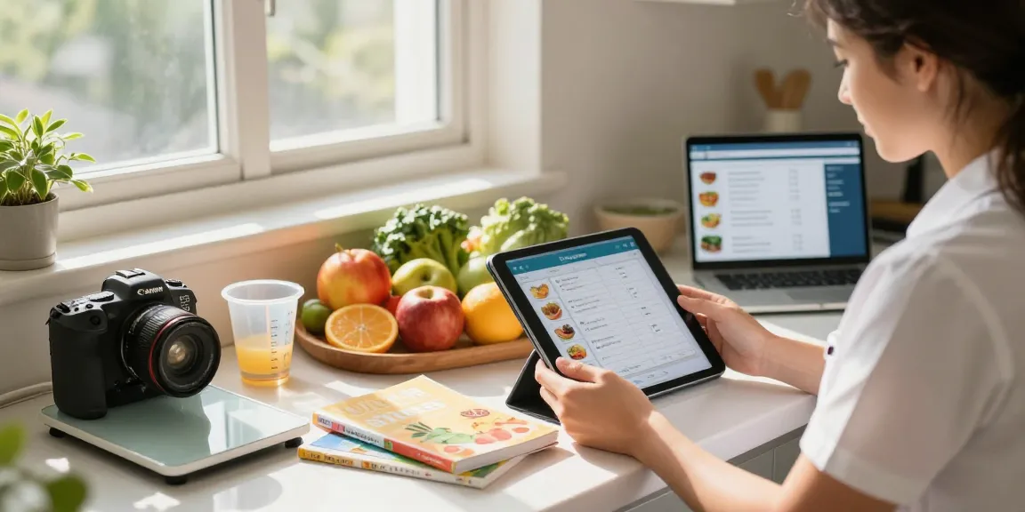 The best food tracking apps analyzed in a bright kitchen scene with a nutritionist reviewing logs and fresh ingredients.