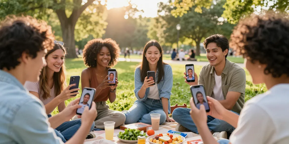 Friends comparing their age results from an app, exploring how old do I look in a sunny park.