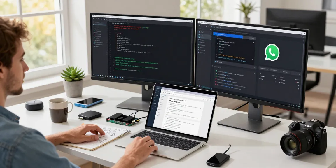 OpenClaw personal AI assistant workspace with developer coding and messaging interfaces in a bright office.