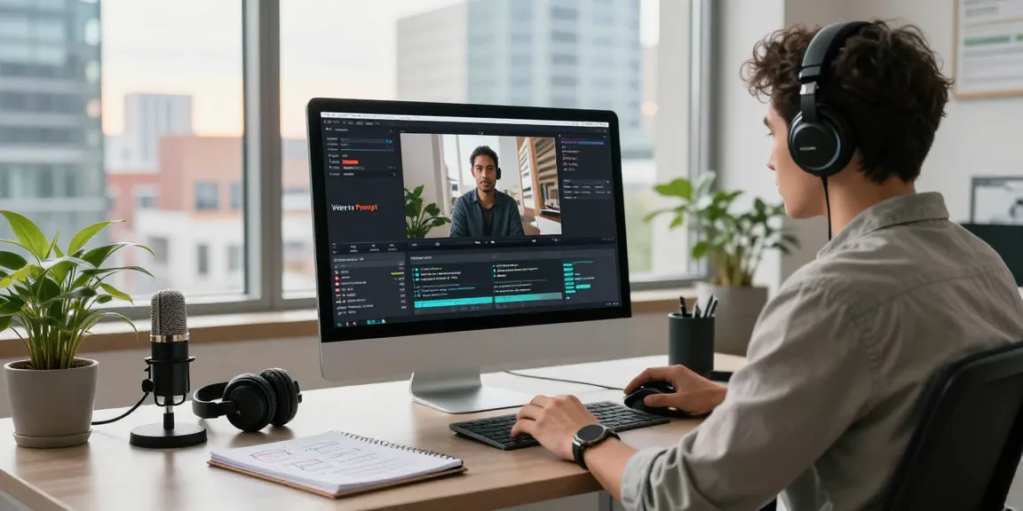 Professional using video to prompt tool in a modern workspace with AI-generated prompts on screen, creating engaging video content.