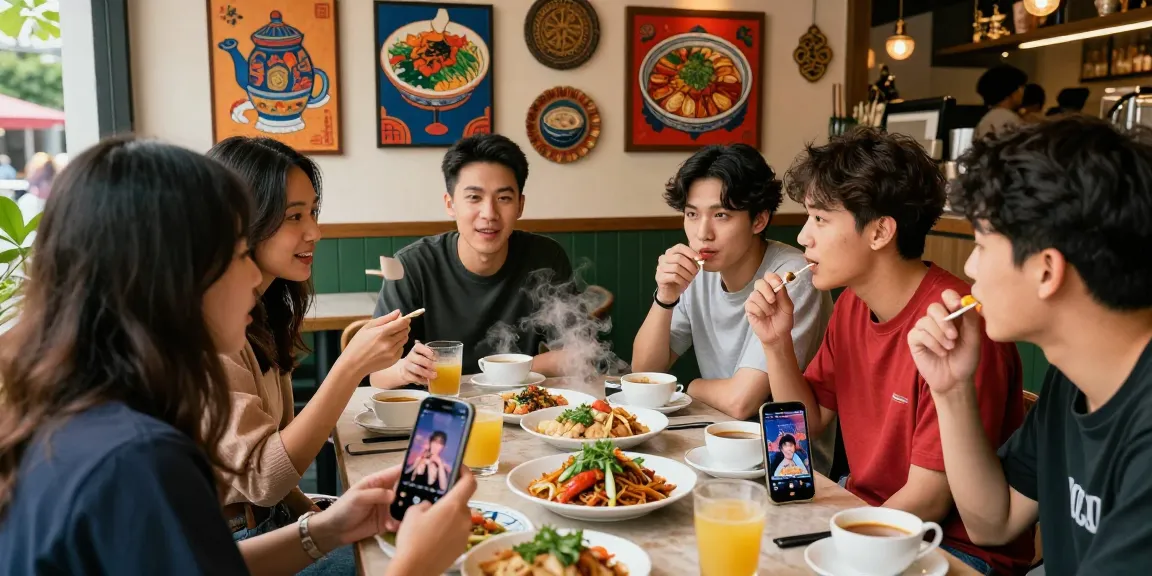 Friends enjoying discussions about Asian pop culture at https://hanadultalk.com café, with diverse Asian dishes and vibrant atmosphere.