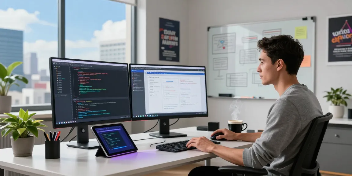 Innovative software development workspace at teiegramin.com with multiple coding screens and vibrant atmosphere.