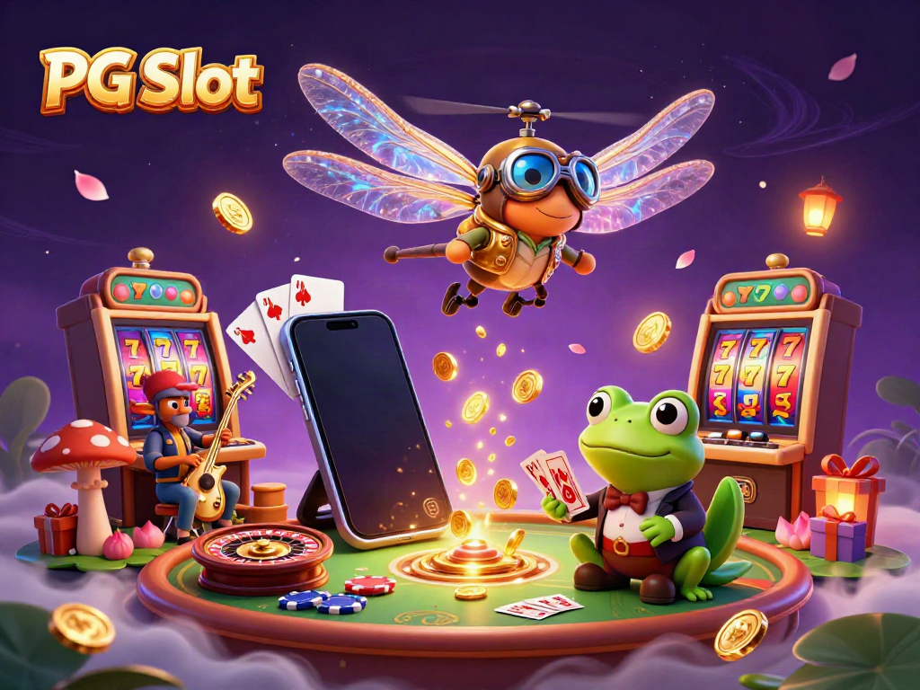 Experience PG Slot excitement with a dynamic 3D illustration featuring a dragonfly pilot and frog croupier