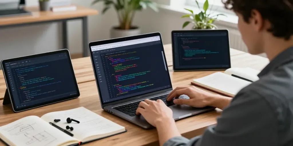 Developer reviewing open-source apps on h5.2113.net in a modern office.