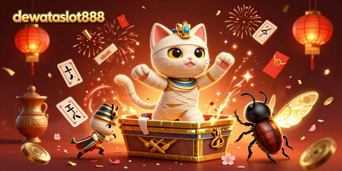 Permainan kartu di dewataslot888 ditampilkan dengan karakter kucing mummy dan efek berkilau yang menarik.