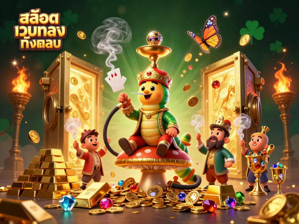 Engage with สล็อตเว็บตรงทั้งหมด in a vibrant 3D illustration featuring a hookah-master and treasures.