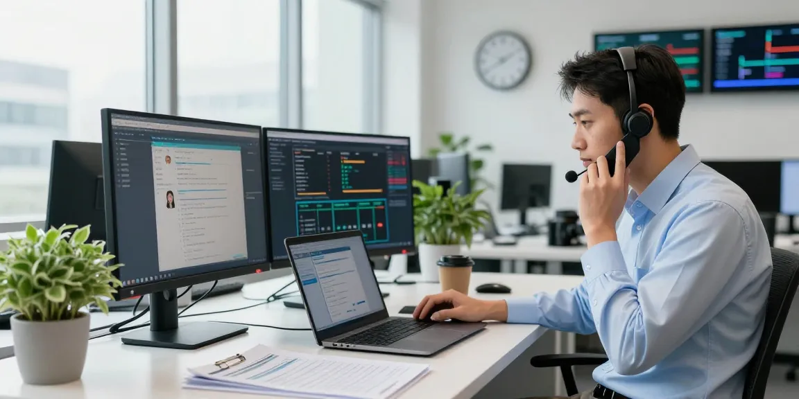 Focused technician providing Telus-Technical-Support through phone call amid multiple monitors in a vibrant workspace.