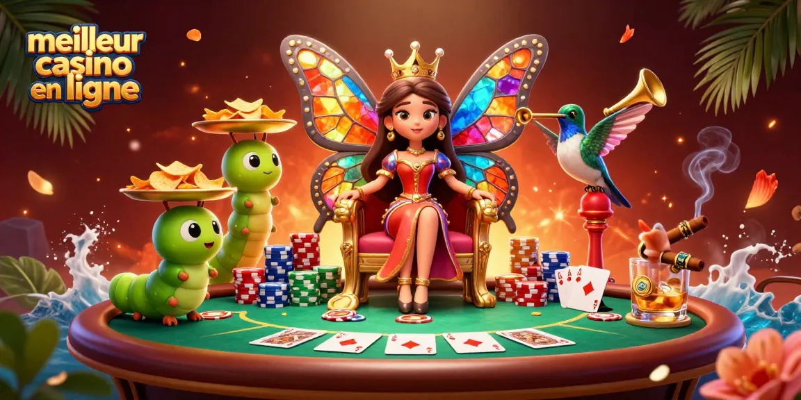 Vivez l'expérience du meilleur casino en ligne avec une reine papillon captivante et des éléments de poker.