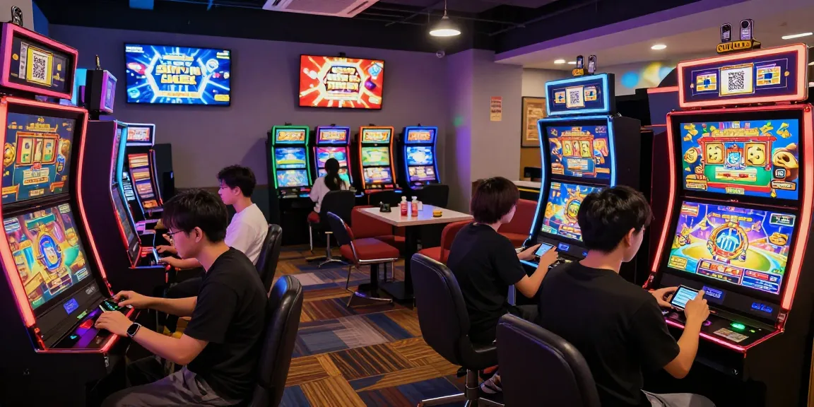 Players enjoying slot games with QRIS payment integration in a lively gaming lounge.
