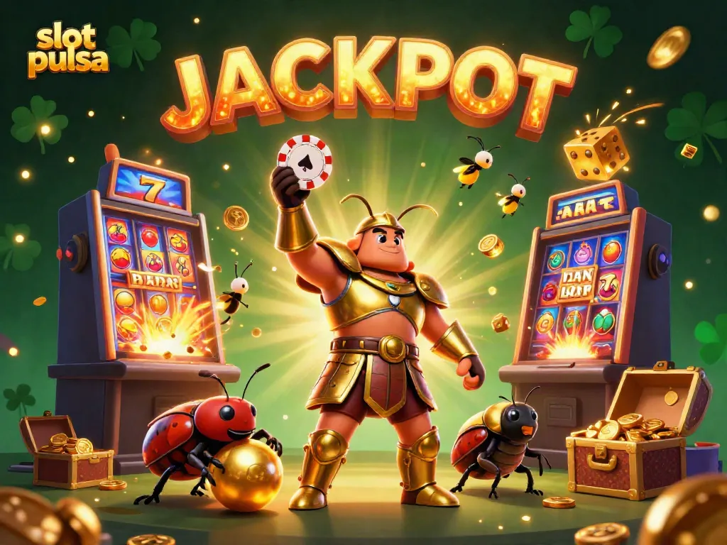 Permainan slot pulsa penuh kemeriahan dengan kumbang pemenang dan simbol jackpot.