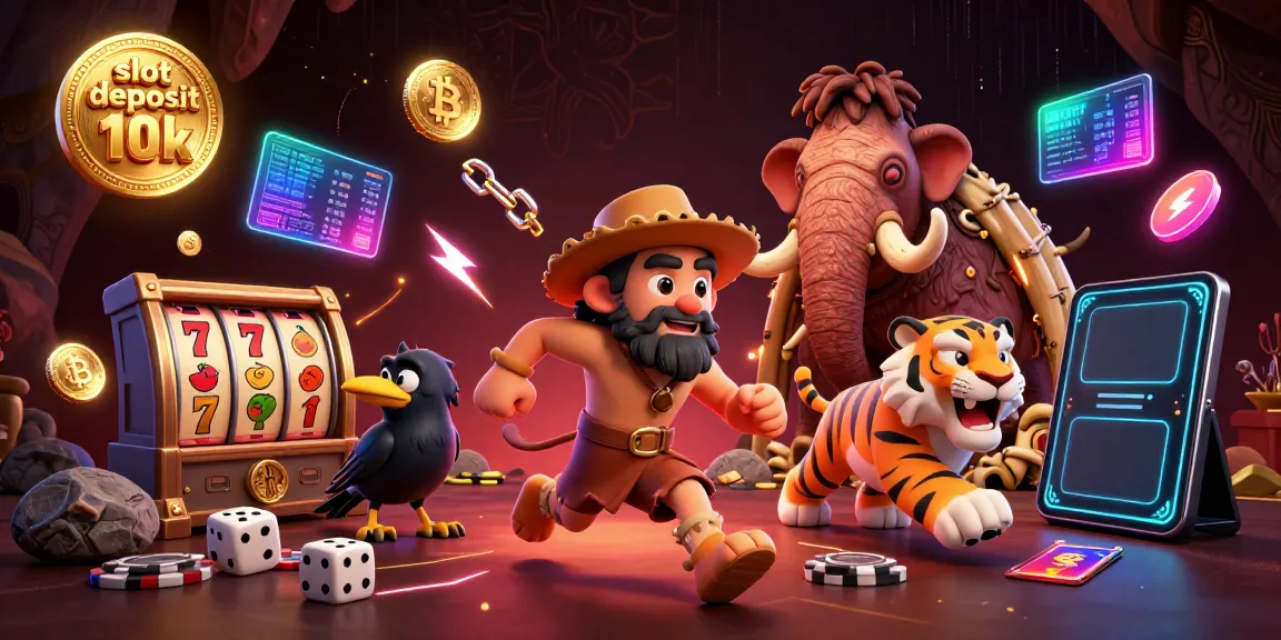 Slot deposit 10k dalam gambar fantasi kasino prasejarah dengan karakter unik.