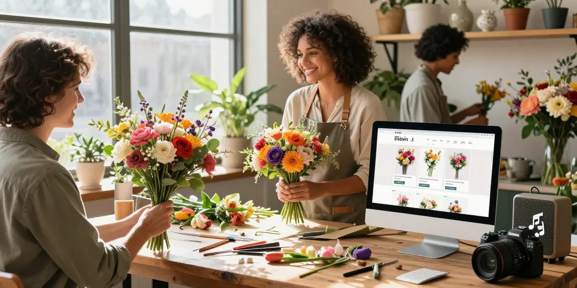 Cheerful florist creating seasonal bouquets while showcasing MODALWD online store with a vibrant atmosphere.