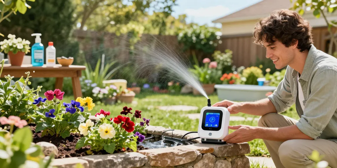 Homeowner setting up a rainpoint automatic watering system in a vibrant garden for efficient plant care.