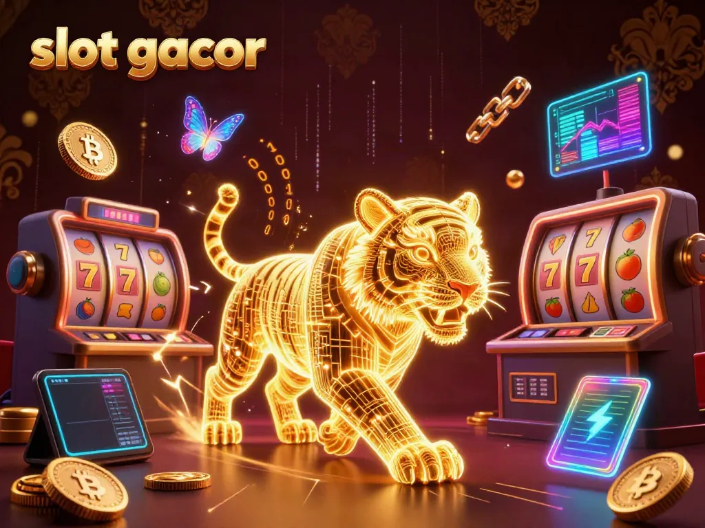 Spin for wins in slot gacor with a neon-wireframe golden tiger in a vibrant casino.