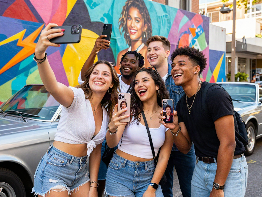 Friends discovering their celebrity look alikes through a mobile app, showcasing the fun of celebrities look alike.