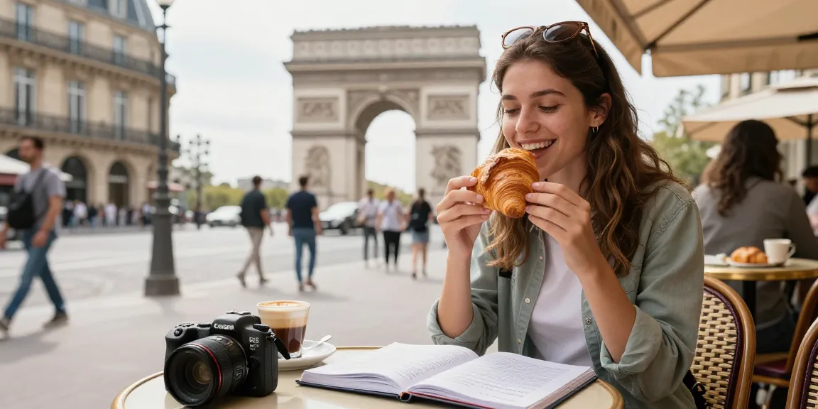 Corsi di francese in Francia - Uno studente che impara il francese all'aperto in un caffè parigino, immerso nella cultura locale.