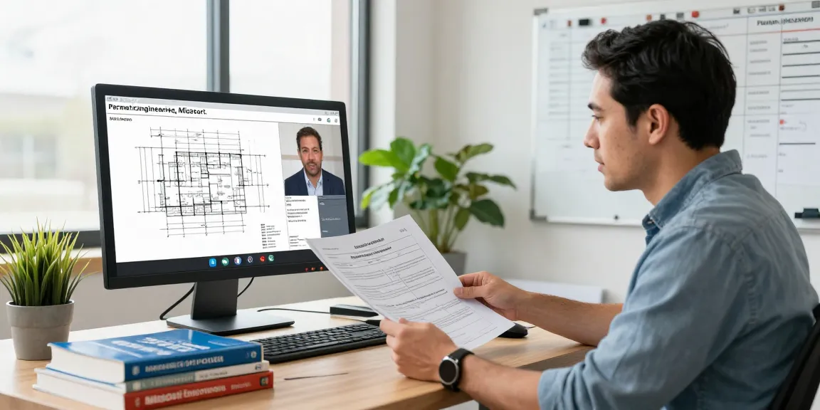 Engineer consulting on permit engineering Missouri with blueprints and statutes in a bright office setting.