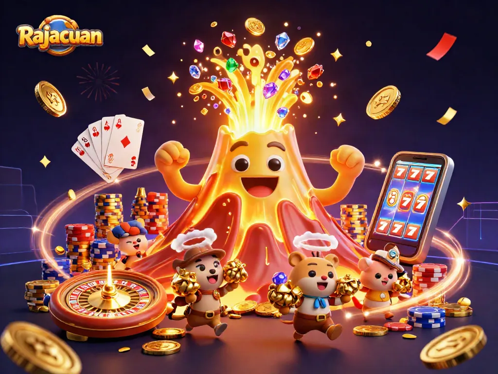 Rajacuan showcases thrilling slots and jackpots in a captivating 3D volcanic eruption scene.