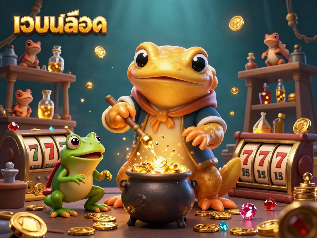 Experience เว็บสล็อต gaming with an illustrated scene of alchemical characters and vibrant casino elements.