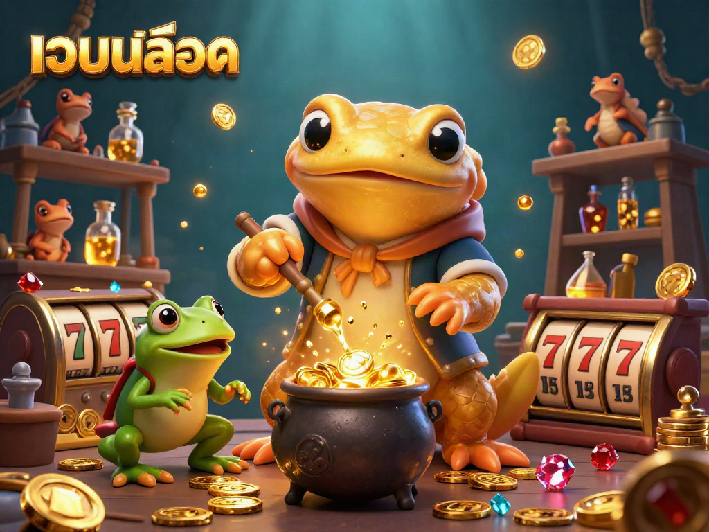 Experience เว็บสล็อต gaming with an illustrated scene of alchemical characters and vibrant casino elements.