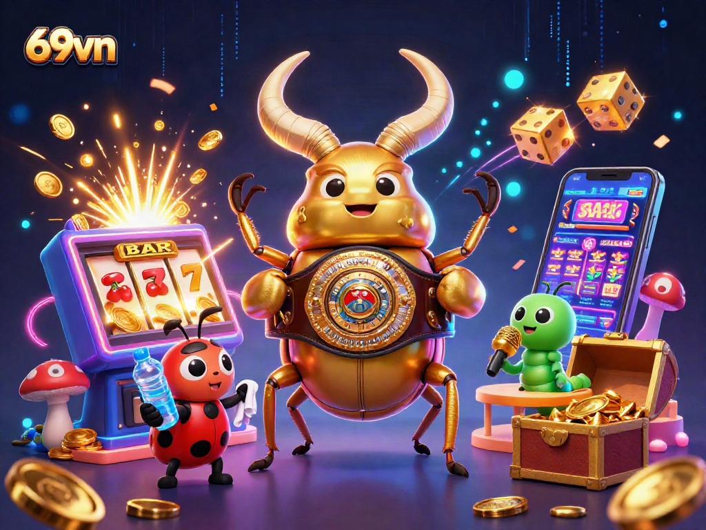 Experience the vibrant excitement of 69vn with a dynamic casino-themed illustration featuring various game elements.