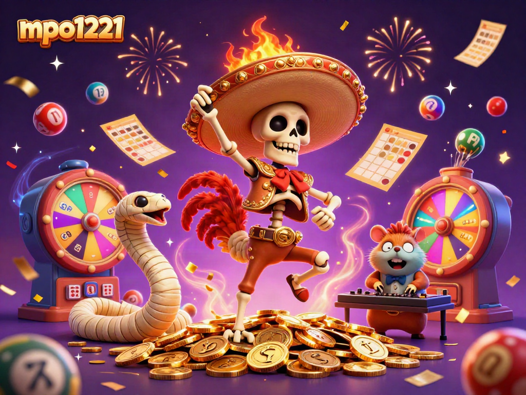 Experience excitement with mpo1221 as a cartoon skeleton mariachi dances atop golden coins amidst vibrant gambling elements.