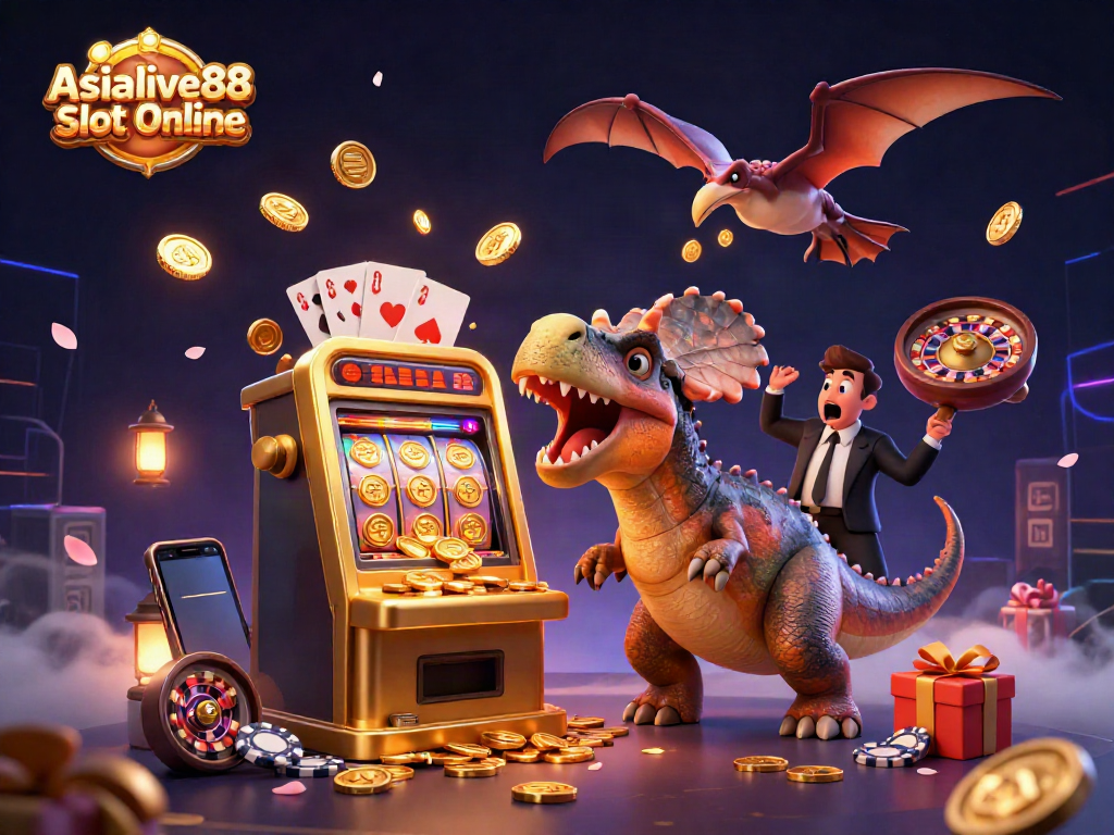 Win big at Asialive88 Slot Online as a cartoon dinosaur delights in jackpot payouts amidst a lively casino.