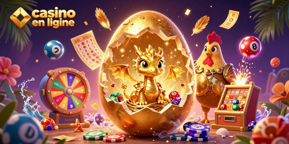 Jouez à des jeux de casino en ligne avec une scène pleine d'énergie, incluant des éléments de loterie et un dragon doré.