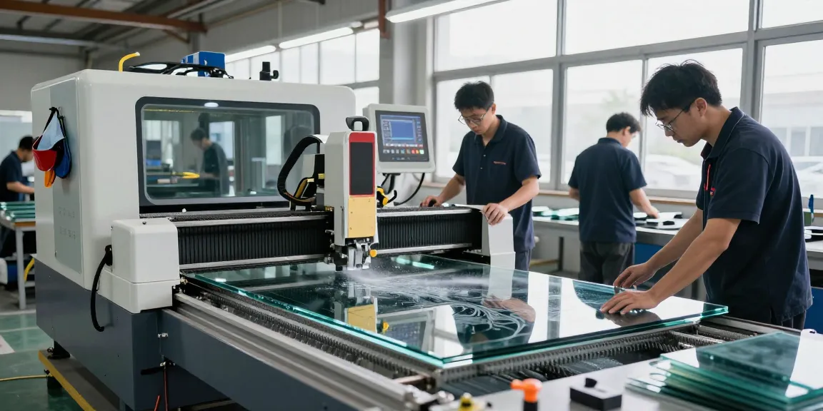 CNC glass cutting machine in action in a professional workshop, showcasing precision and advanced technology for glass processing.