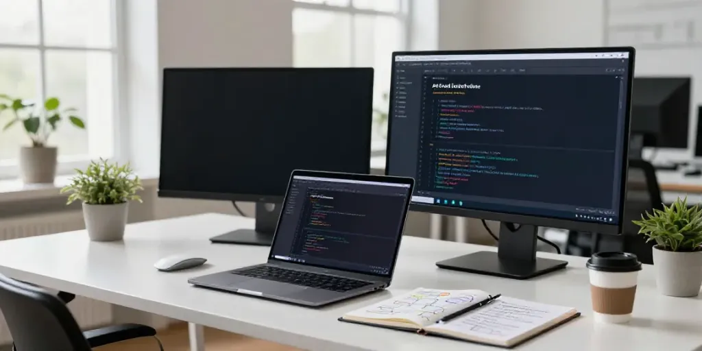 AI article generation from RSS feeds in a modern workspace with coding setup.
