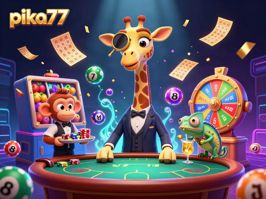 Experience the vibrant excitement of pika77 with unique casino games, featuring a high-roller giraffe and action-packed visuals.