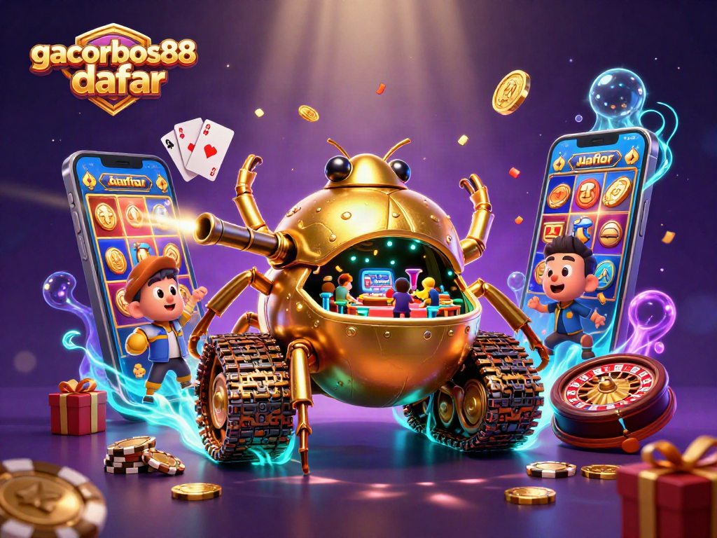 Experience gacorbos88 daftar with an intricately designed casino-themed 3D illustration filled with gaming action.