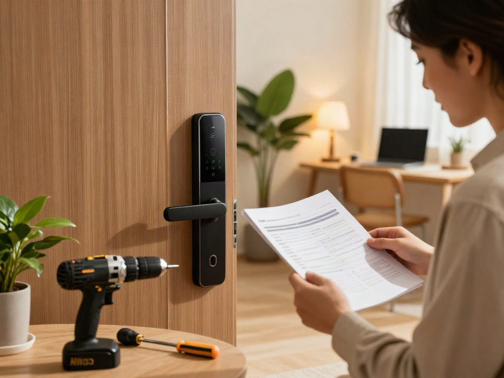 شخص installing a modern smart lock در home, showcasing خرید قفل هوشمند with tools and instructions.