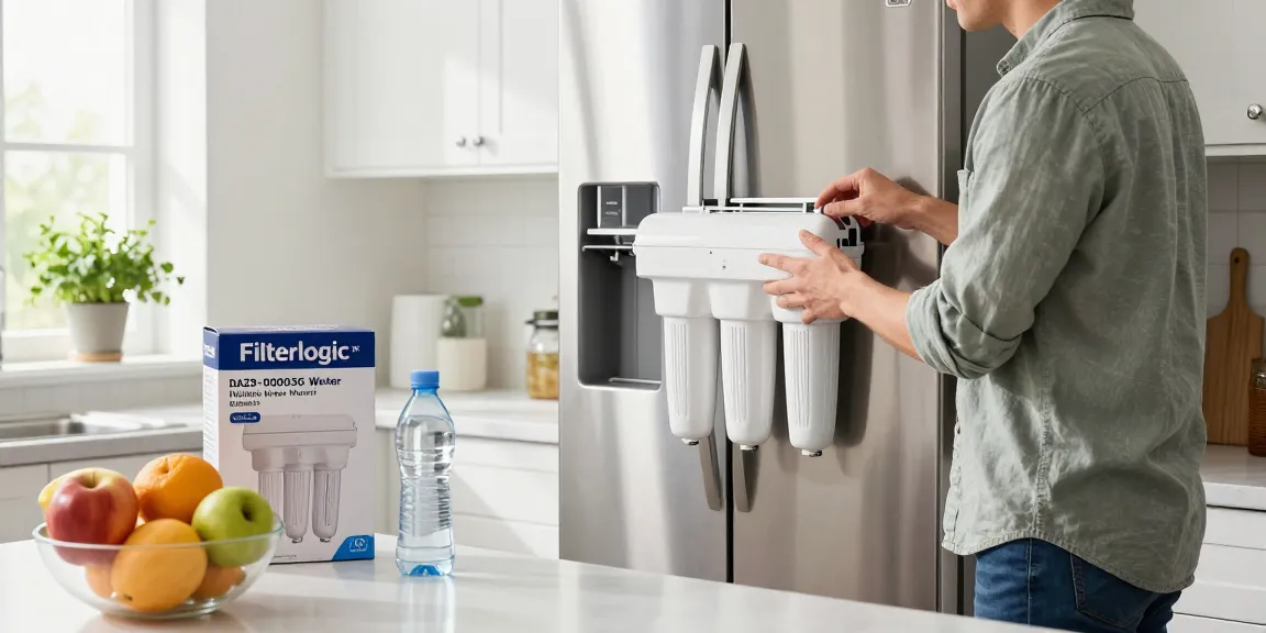 Installing Filterlogic DA29-00003G Refrigerator Water Filter in a modern kitchen.