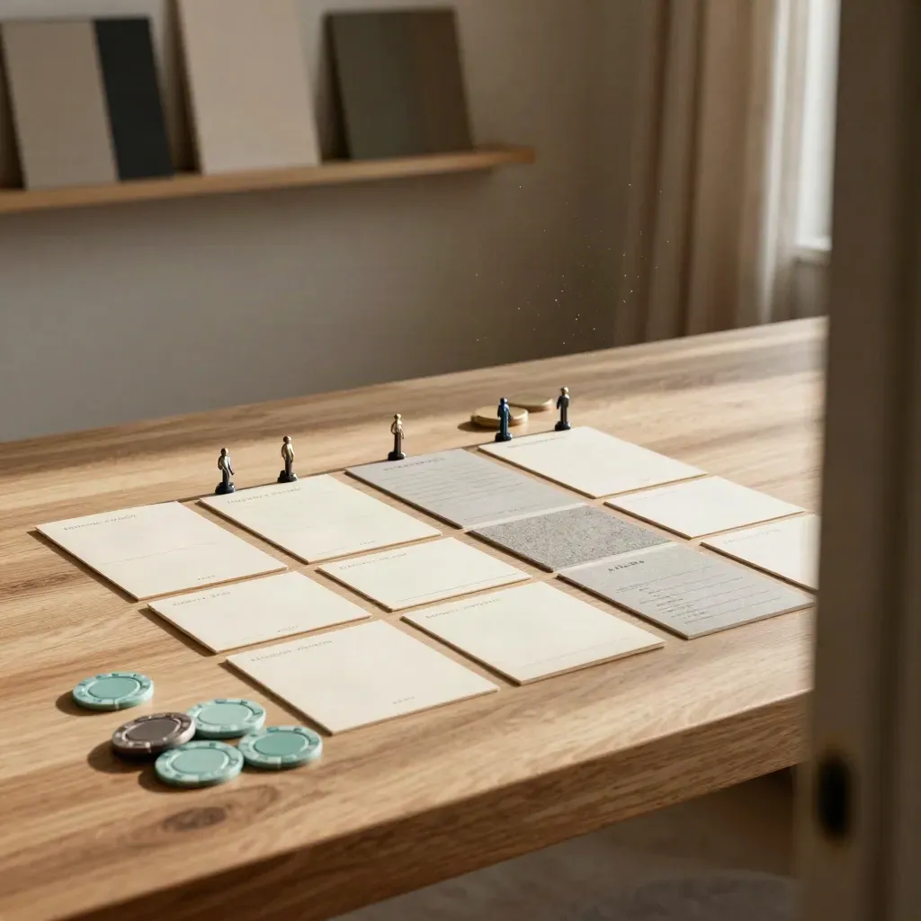 Workshop cards and tokens arranged on pale oak in soft daylight.